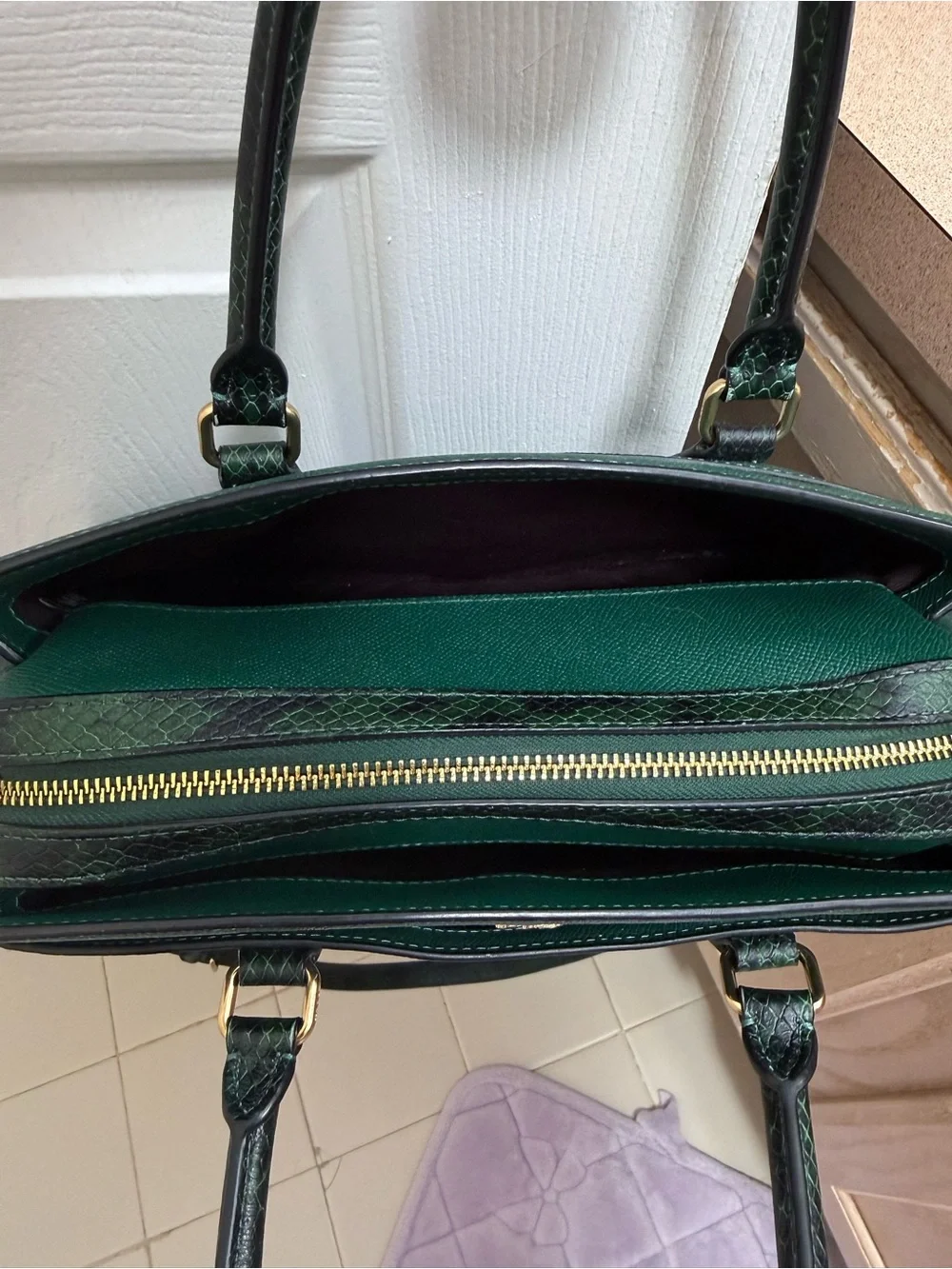 COACH Darcie Carryall in Dark Green Leather Satchel with Gold Hardware